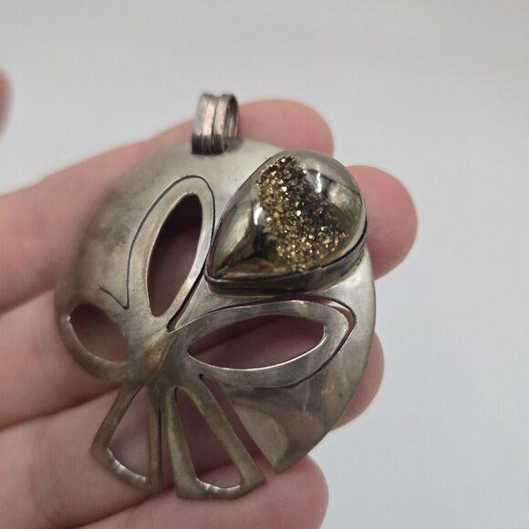 Vintage Large Sand Dollar 925 Sterling Silver Geode Stone Artisan Pendant Signed - Picture 2 of 5